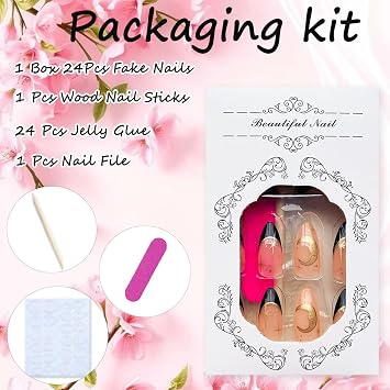 24Pcs Black French Tip Press on Nails Medium Almond Fake Nails Acrylic False Nails with 3D Gold Chrome Gold Star Moon Designs Glossy Glue on Nails Full Cover Artificial Stick on Nail for Women