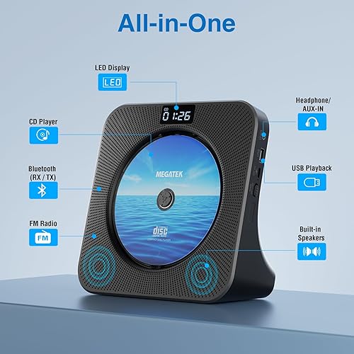 Miniatura 2 de MEGATEK Reproductor de CD portátil Bluetooth para el hogar, reproductor de CD de escritorio con altavoces estéreo, radio FM, USB, pantalla LED,