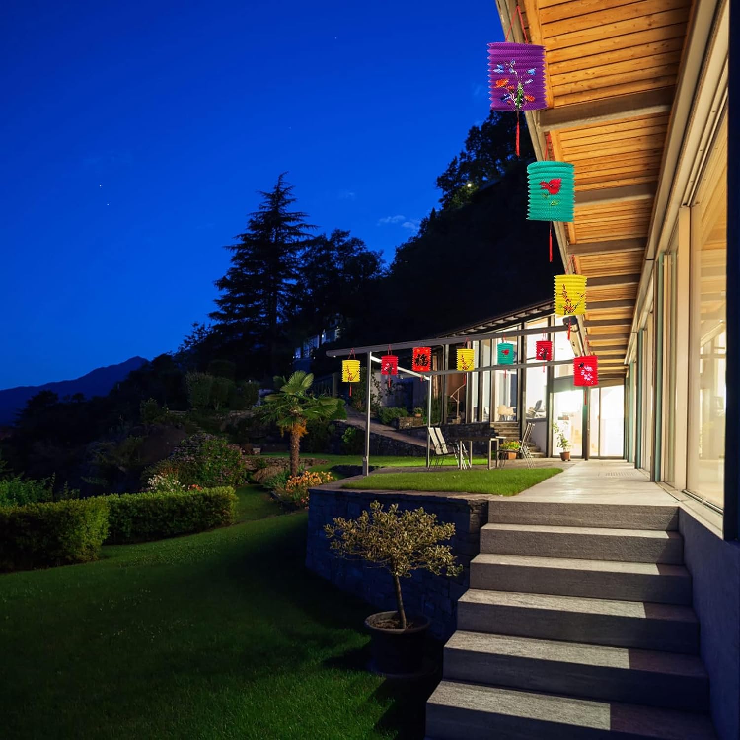 30 PCS Chinese Paper Lanterns with Lights - Flower Bird Design - DIY Accordion Lanterns - Middle Autumn Festival, Chinese New Year Decoration - Red, Yellow, Blue, Pink