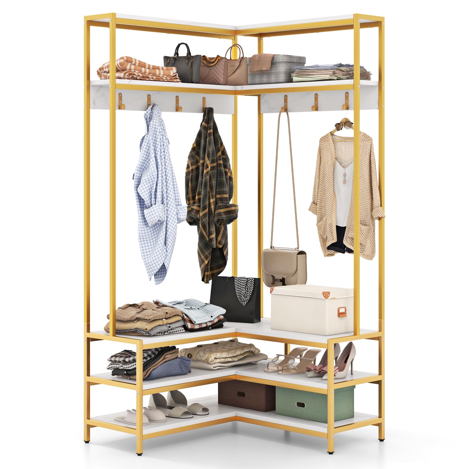CASART Corner Hall Tree, L-shaped Clothing Rack with Hooks, Shelves, Shoe Bench & Shoe Racks, Freestanding Clothes Stand Entryway Display Shelving Unit for Hallway Bedroom (White + Golden)