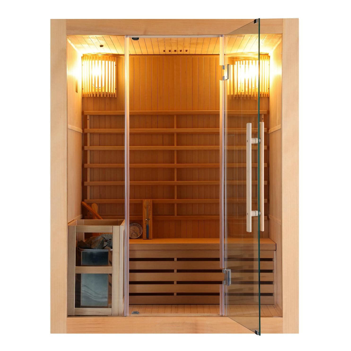 Riga Sauna finlandais pour 3 personnes avec pierres de sauna, verre de sécurité, seau avec créateur, thermomètre et sablier, dimensions : 150 x 120 x 190 cm