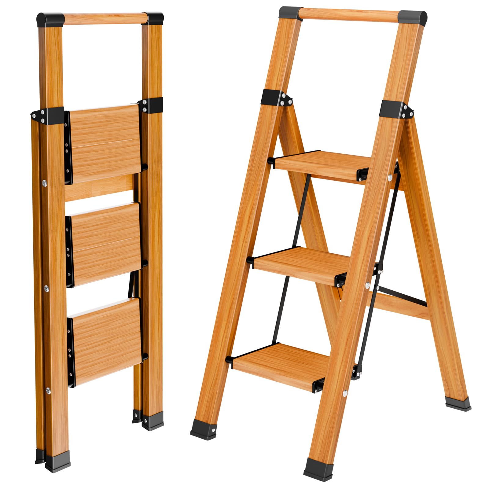KULACO Escalera con Pasamanos Antideslizante, 3 Peldaños, Plegable, de Aluminio, Hasta 150 kg, Portátil en Aspecto de Madera, Doméstica con Pedal Ancho