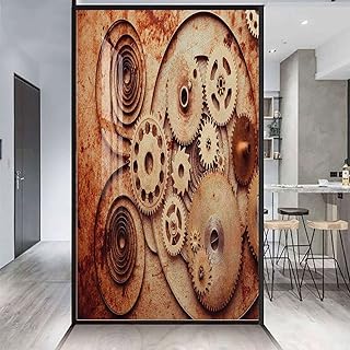 Dark Orange Beige No Adhesive Stained Glass Window Decor Old Rusty Look Backdrop Gears Steampunk Window Film for Privacy and Light Protection Vintage 35.4Wx78.7L-inch