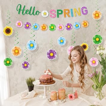 Spring Party Decorations, Hello Spring Decor include 2Pc Hello Spring Banner and 24Pc Hanging Spring Decorations, Flower Hanging Decorations Spring Decorations for Home Office Classroom