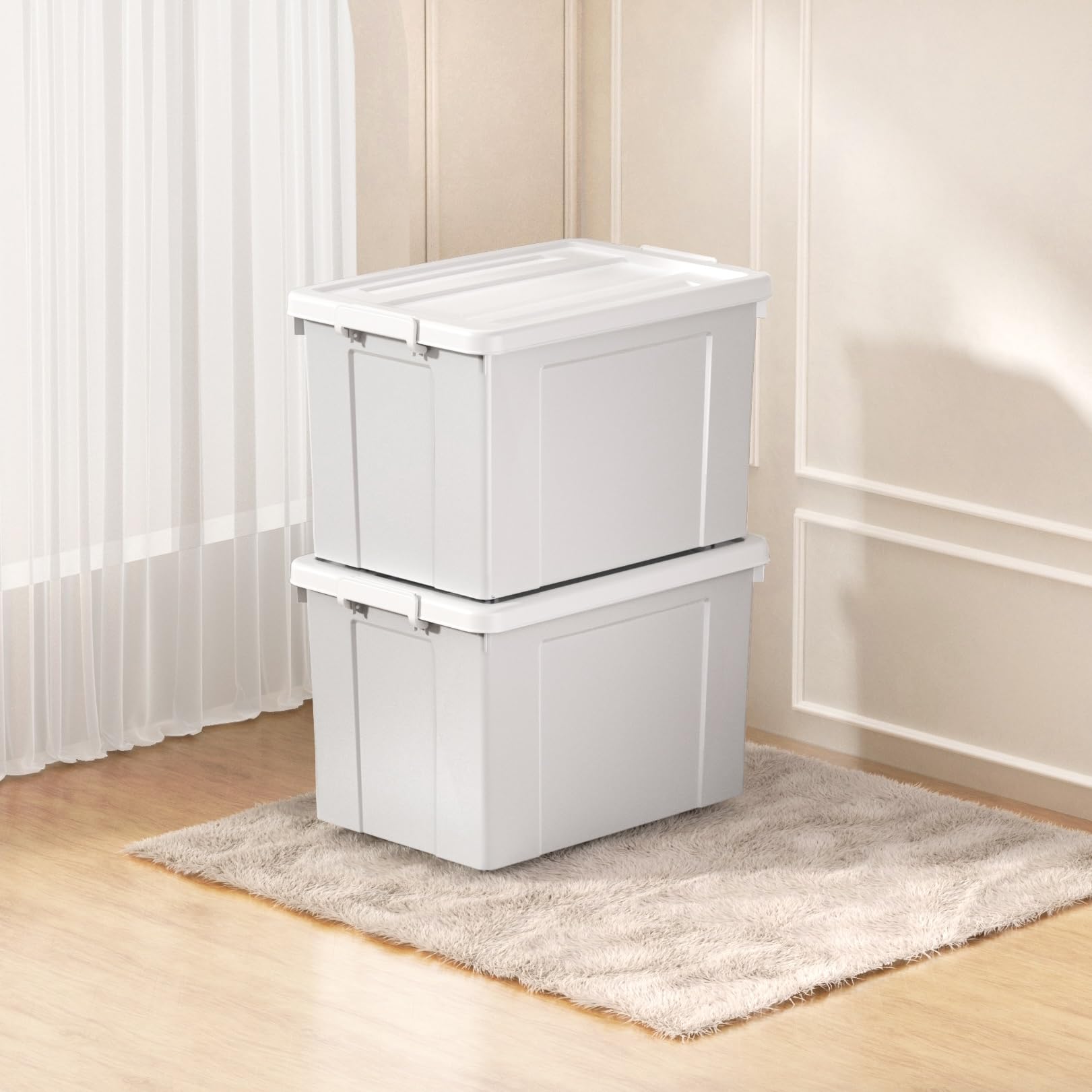 Cetomo 90L*6 Aufbewahrungsboxen, Aufbewahrungsbox mit Rollen & Deckel, Organizer-Behälter mit Clips, Stapelbar, Ineinander Nestbar, für Zuhause und Büro, Kunststoff, Grau, 90L-6er Pack