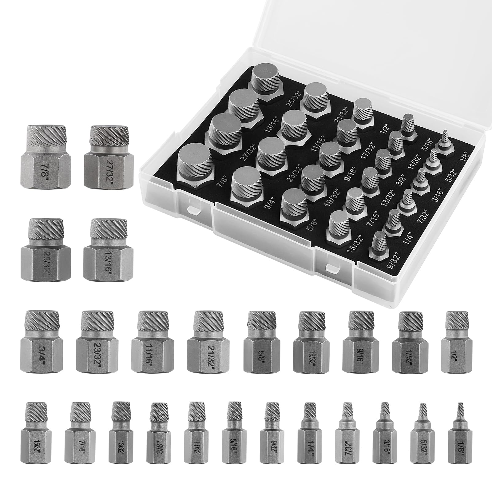 Schraubenausdreher Set 25 Stück, Linksausdreher Set, Beschädigte Schraube Entfernern Extraktor Set, Schrauben Entferner Set für Entfernen von Gebrochenen Bolzen, Verrostete Schrauben, Steckschrauben
