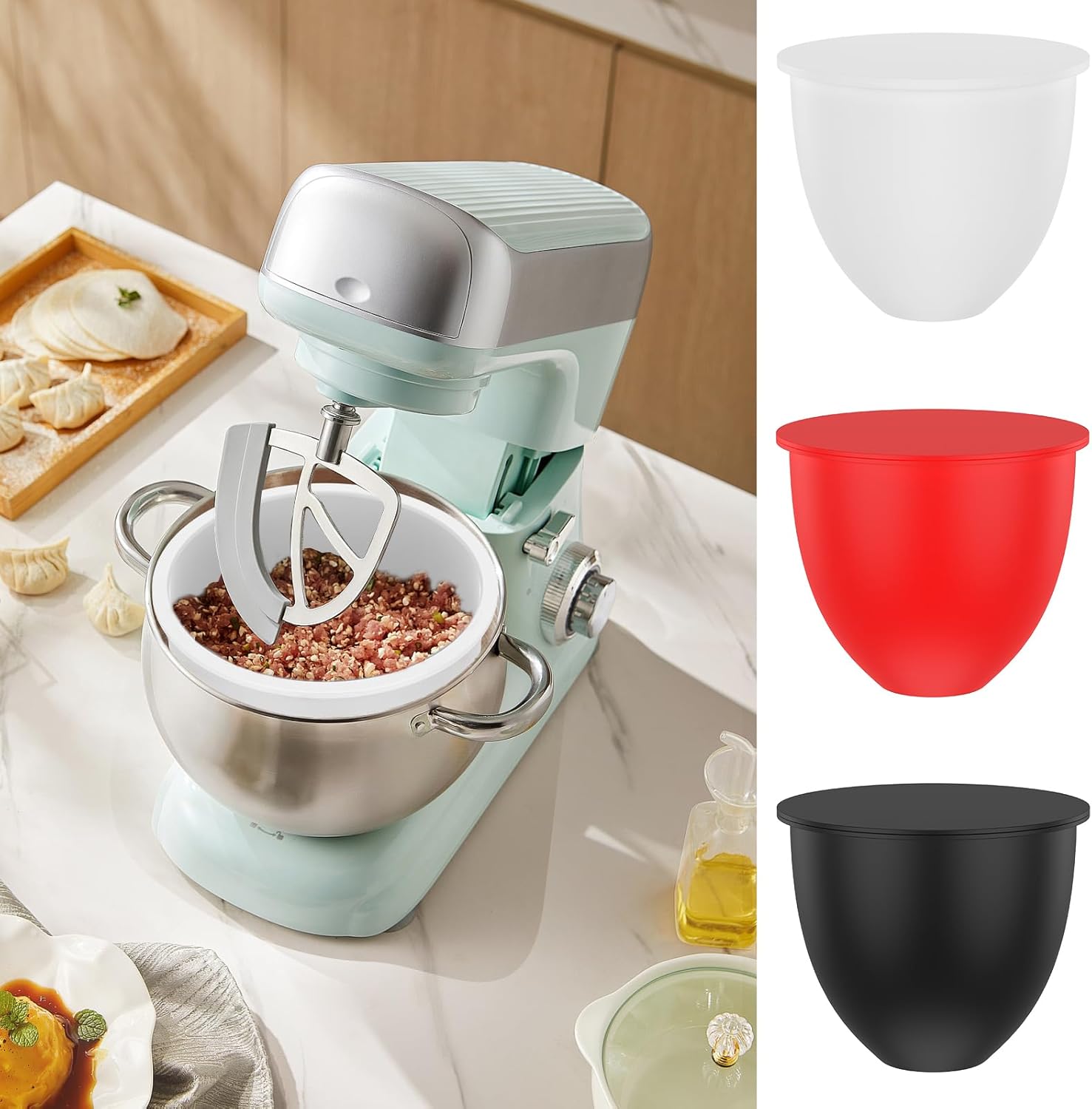 3 Pcs Silicone Bowl Liners - 5 Quart Stand Mixer Bowl Liners, Reusable Silicone Mixer Bowl Liner with Pouring Mouth and Safety Lid for Kitchen Baking Cooking