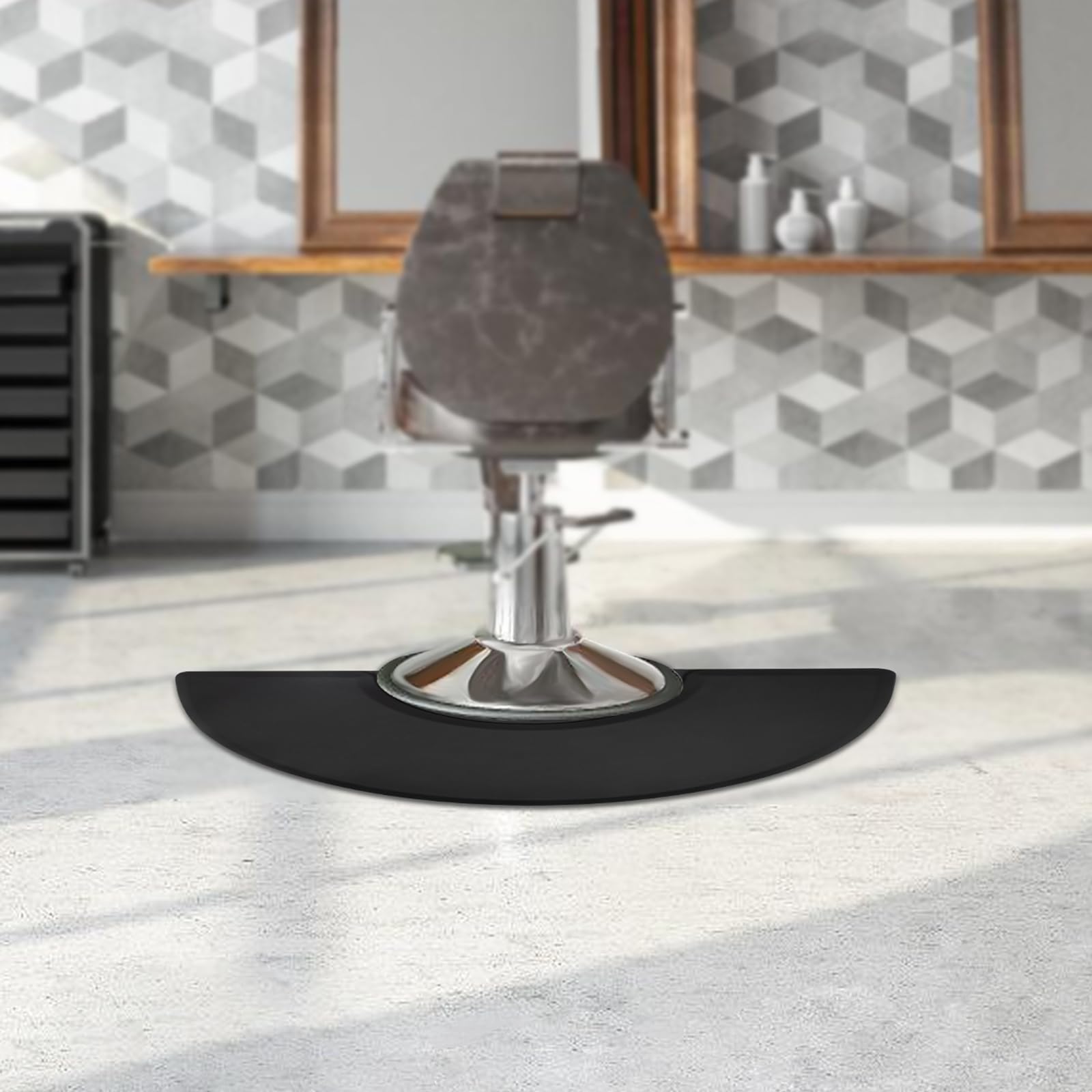 Tapis de coiffeur 90 x 150 cm, demi-cercle antidérapant et imperméable, épaisseur de 18 mm, tapis ergonomique contre les douleurs au dos et aux jambes, pour salon de coiffure, facile à nettoyer (noir)
