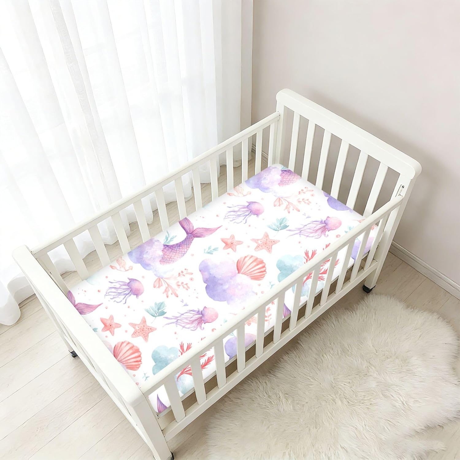Watercolor Mermaid Tails Crib Sheets Soft Breathable Fitted Cotton Baby Crib Sheets Mattress Cover for Girl Boy, 52" x 28" x 9"