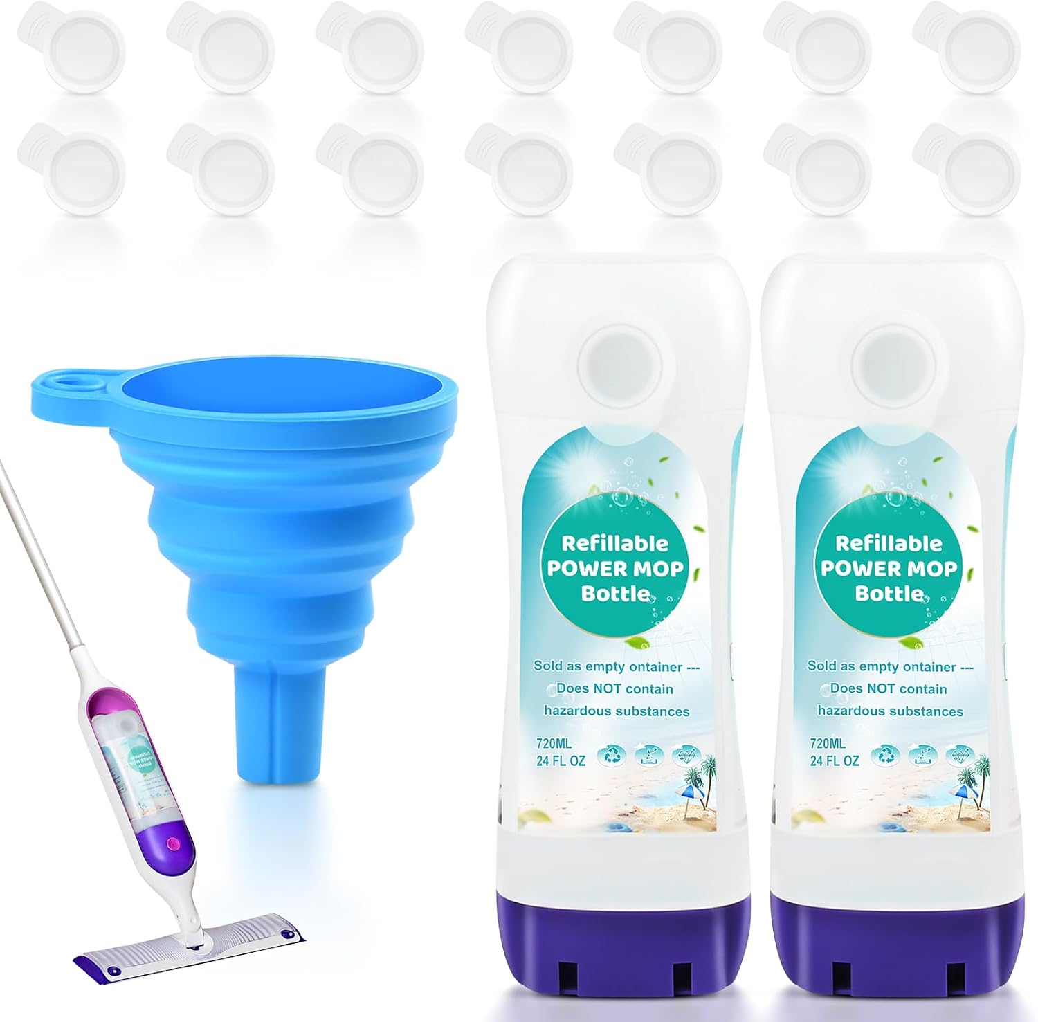 Refillable Bottle for Swiffer® Power Mop™ - 720 ML/24 FL OZ - Leak-Proof HDPE Material Solution Bottle, 2 Empty Bottle + 14 Silicone Pads + 1 Funnel, Easy Install for Use with Any Cleaning Solution