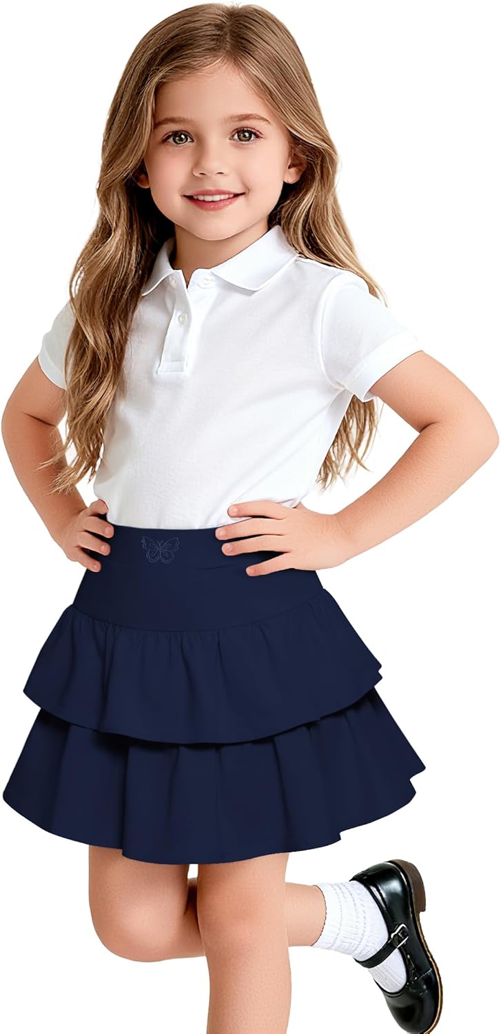 Little Girls Skirts Casual Ruffles Skirt School Uniform Skorts with Pockets for 4-11 Years - Image 8