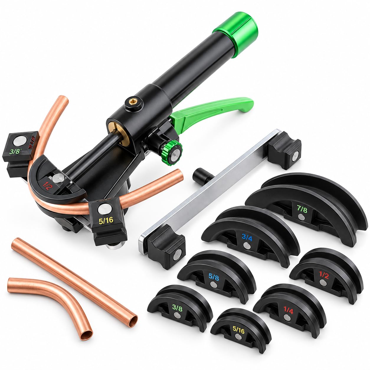 Kit piegatubi idraulici, diametro esterno 1/4–7/8, 7 matrici codificate