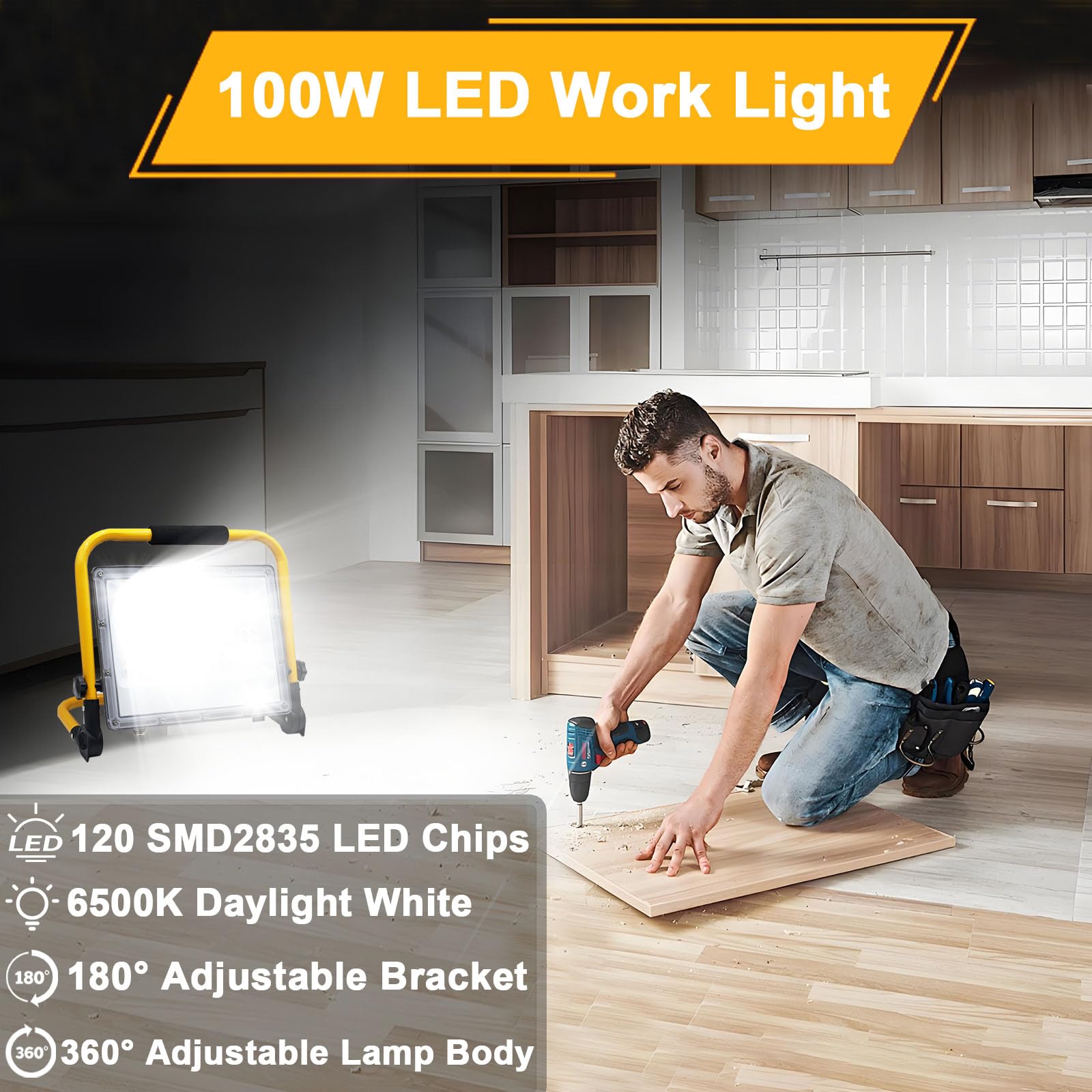 100W Foco de Trabajo LED, Foco LED Portátil con Enchufe, 10000LM Luz Portátil para Talleres, Obras y Garajes, Resistente al Agua IP66 con 2M Cable, 6500K