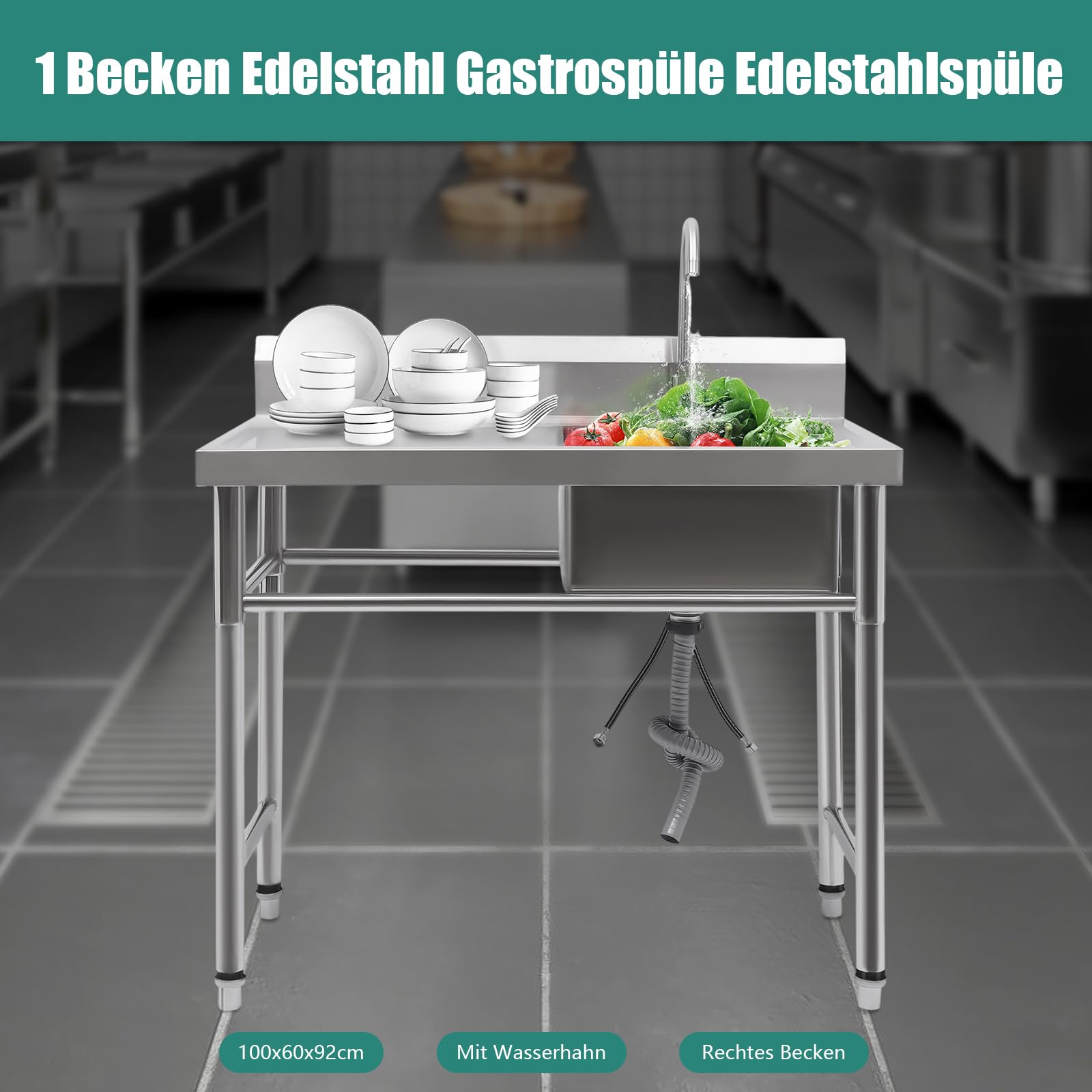Küchenspüle,Spülbecken 1 Becken Spültisch Gastrospüle Spülbecken Edelstahlspüle Gastro Gastronomie Spüle Arbeitstisch Waschbecken Edelstahl,100cmx60cm (Rechts 100x60x93cm)
