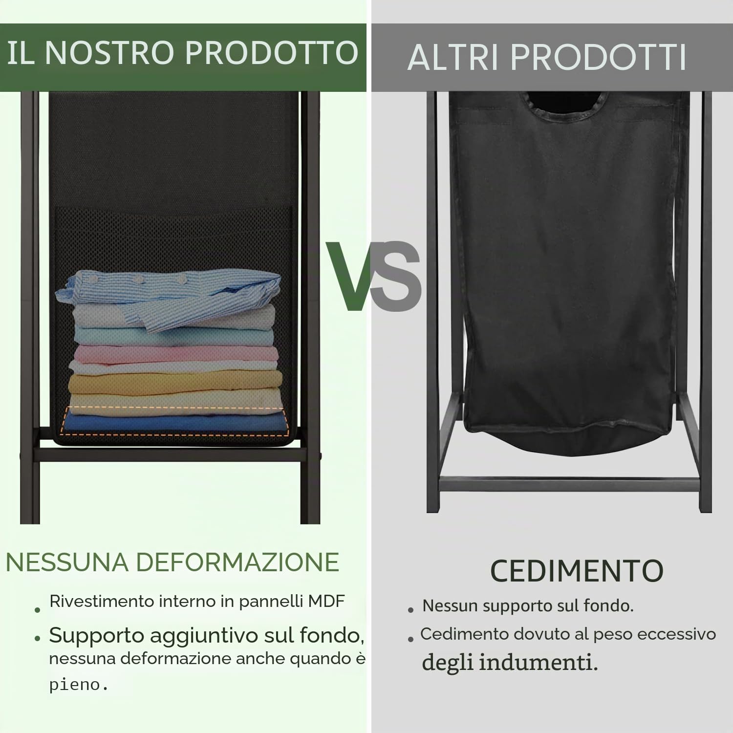 Cesto portabiancheria con 2 ripiani con ripiano in legno e ganci, cestino portabiancheria con borsa rimovibile ed estraibile, cestino per biancheria sporca con borsa separata per sala di
