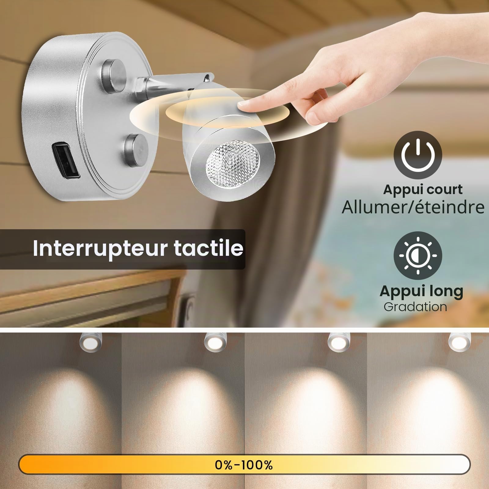 Lampe LED 12V pour Camping Car avec Port USB et Interrupteur Tactile, Spot de Lecture LED 12V Lumière Chaude 3000K, Lampe de Lecture 12 V Dimmable pour Caravane, Bateau et Yacht, Lot de 2