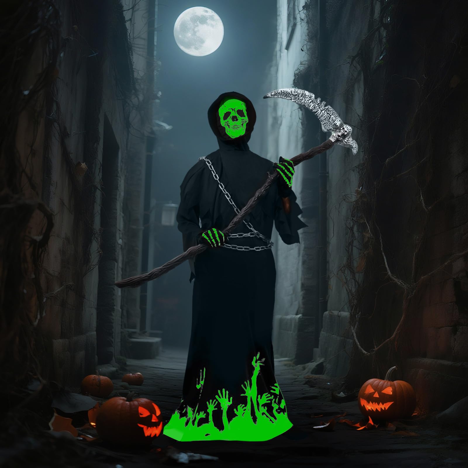 Kostium Grim Reaper dla dzieci z kosą i łańcuszkiem w talii, Deluxe Glow in The Dark Halloween kostium chłopca ponury żniwiarz Grim Reaper kostium na Halloween, karnawał, fantazyjny strój