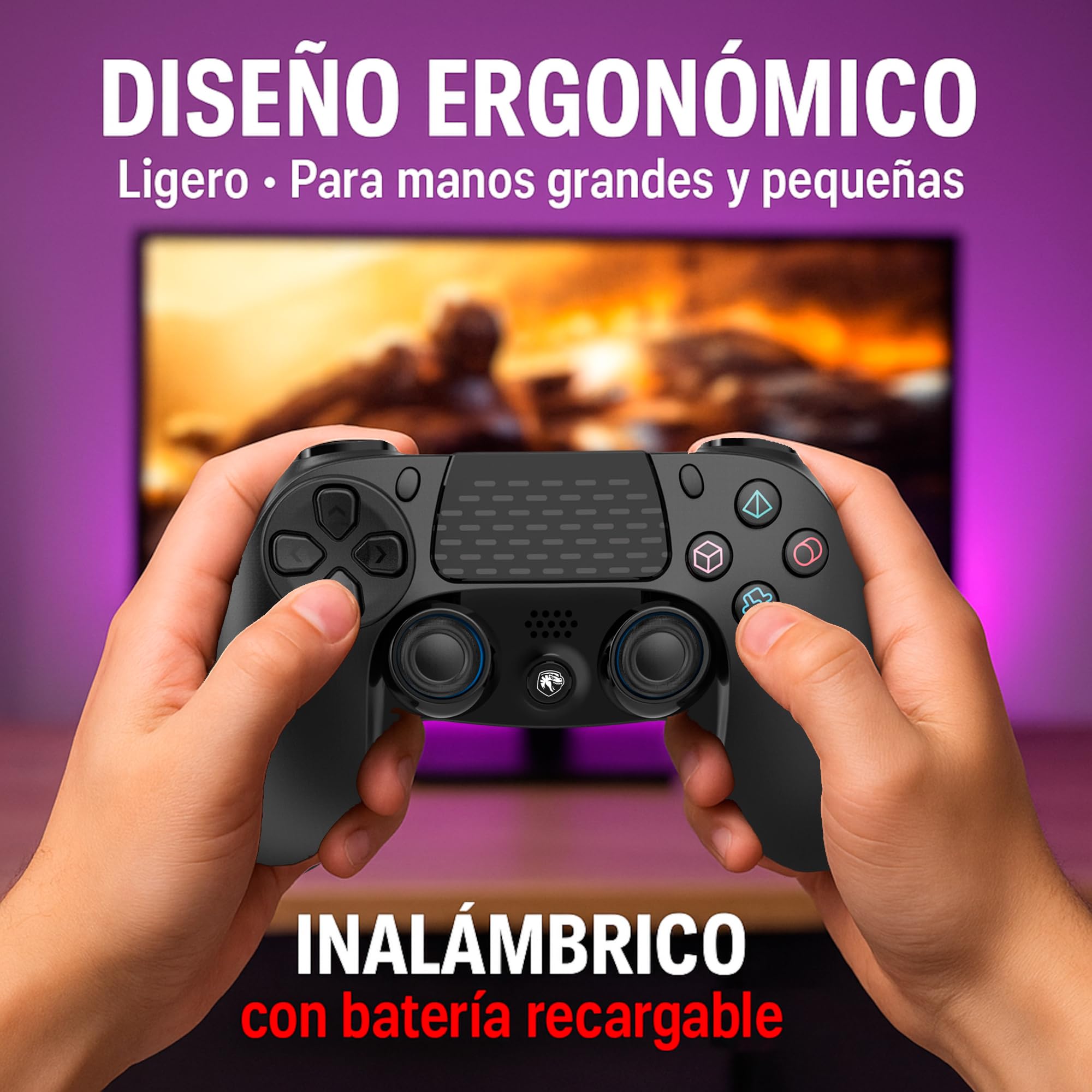Mando Inalambrico Bluetooth Negro compatible con PS4 PS3 PC Android Windows gamepad 6 ejes con vibración doble Luz LED Joystick tactil recargable compatible juegos Shooters Dualshock