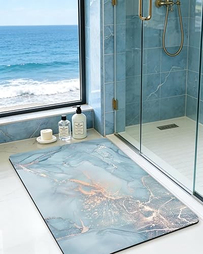 Miniatura 4 de DEXI Alfombra de baño ultra fina, antideslizante para suelo de ducha, absorbente, de secado rápido, de mármol, perfil bajo, 17 x 43 pulgadas, color