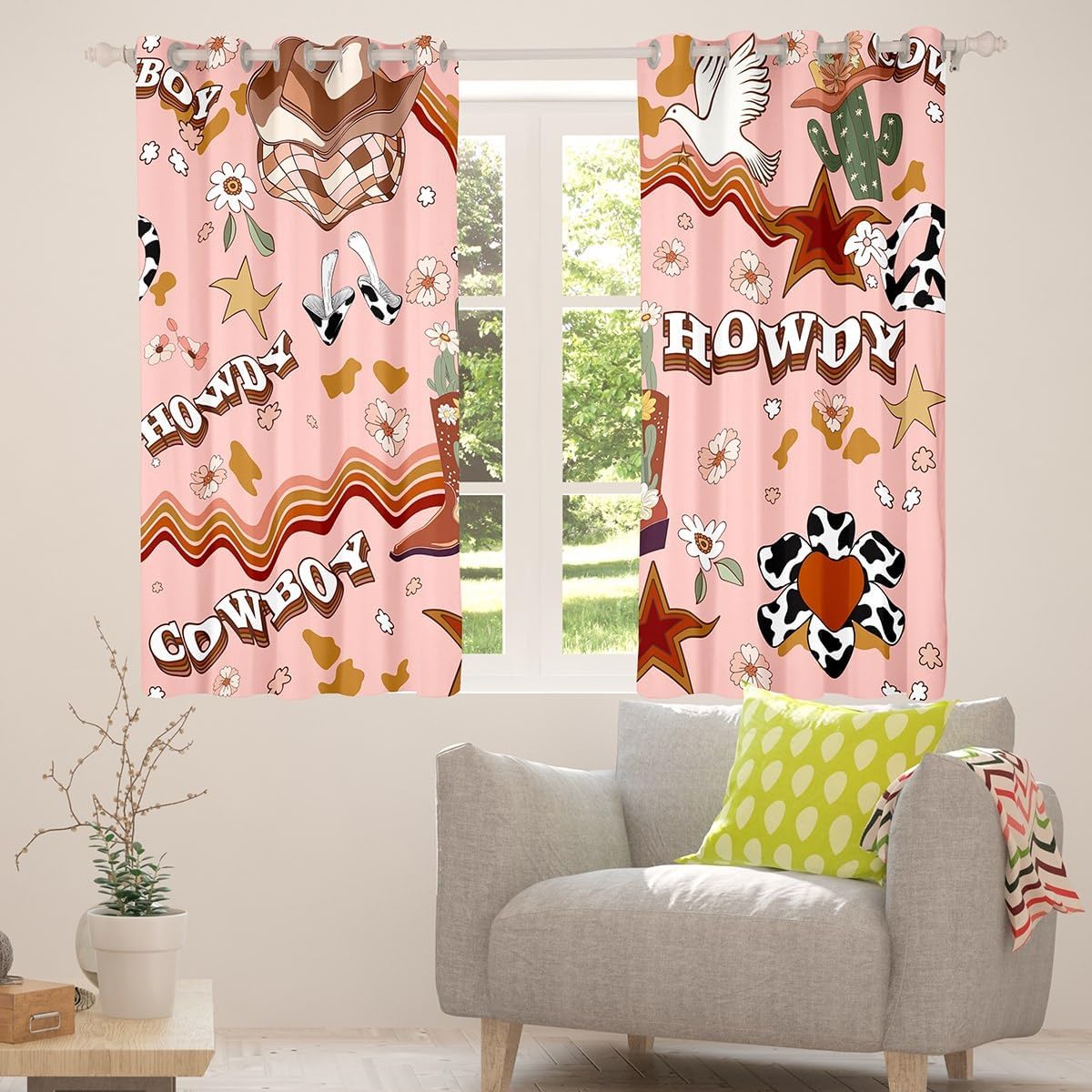 Castle Fairy Pink Window Curtain,Western Cowboy Boots Hat Print Window Drapes for Bedroom Decor,Hippie Floral Mushroom Boho Cowgirl Window Treatment Curtains for Kids, 52Wx96L inch