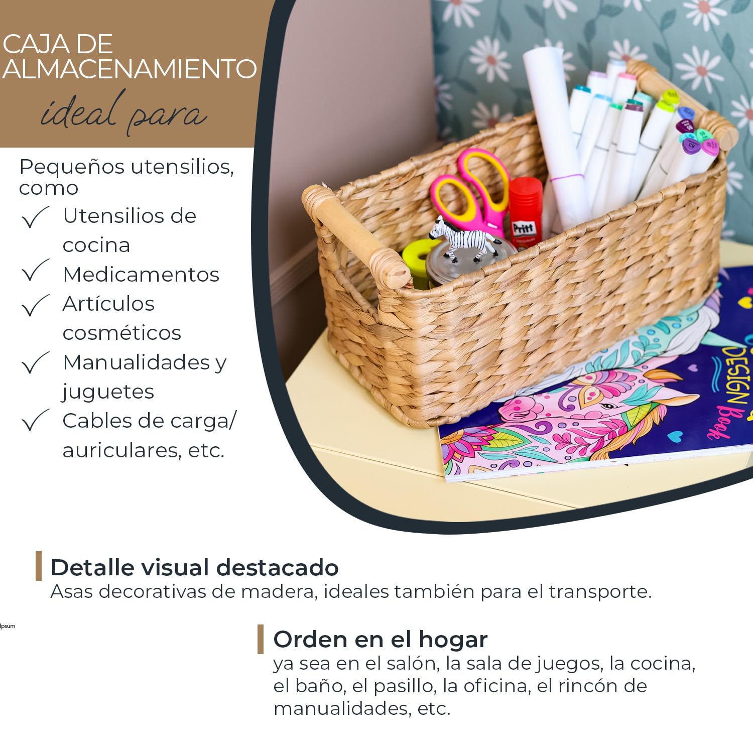 Cesta de almacenamiento trenzada de jacinto de agua con asas de madera 30x15x13 cm Natural