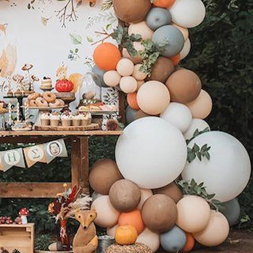 Miniatura 6 de Decoraciones de baby shower del bosque, 140 piezas, kit de guirnalda de globos naranja, blanco y gris, arco de globos marrón nude, para decoración
