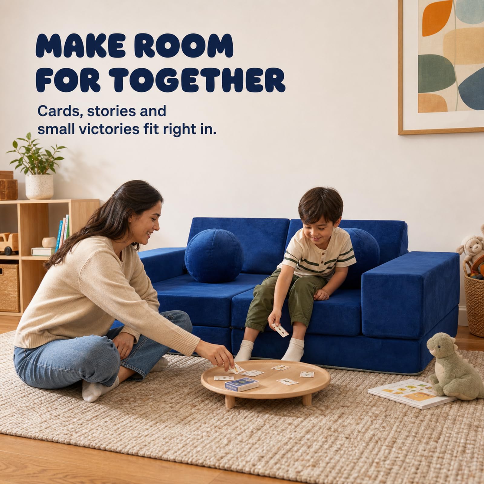JIEXI Sofa do zabawy dla dzieci, rozkładana modułowa kanapa flanelowa dla dzieci, kanapa z okrągłymi poduszkami, do pokoju zabaw, kącika do czytania, niebieska