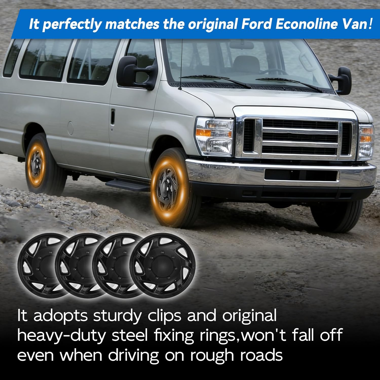 16" Hubcaps Fits for Ford Econoline Van E-250/E-350/E-450 1998-2023 8 Lug Steel Wheel, 16 inch Wheel Cover,Black,Set of 4, F8UZ-1130-AA, F8UA-1130-AA