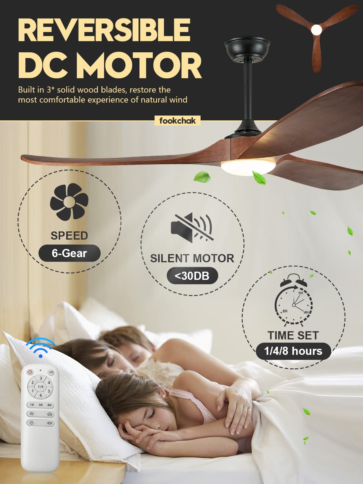 FookChak 60â€? Black Outdoor Ceiling Fan Lights 3 Blades Walnut Wood Ceiling Fan with Light and Remote Control for Patio Balcony Porch Bedroom Dining Room Living Room