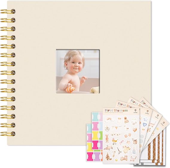 Vienrose Kids Scrapbook Album 8.5"X8.3" with Window Silk Fabric Cover Acid-Free Pages Personalised DIY Photos Scrapbooking for Baby Memory Book, First Year Keepsake Journal Gift Boy Girl, Beige