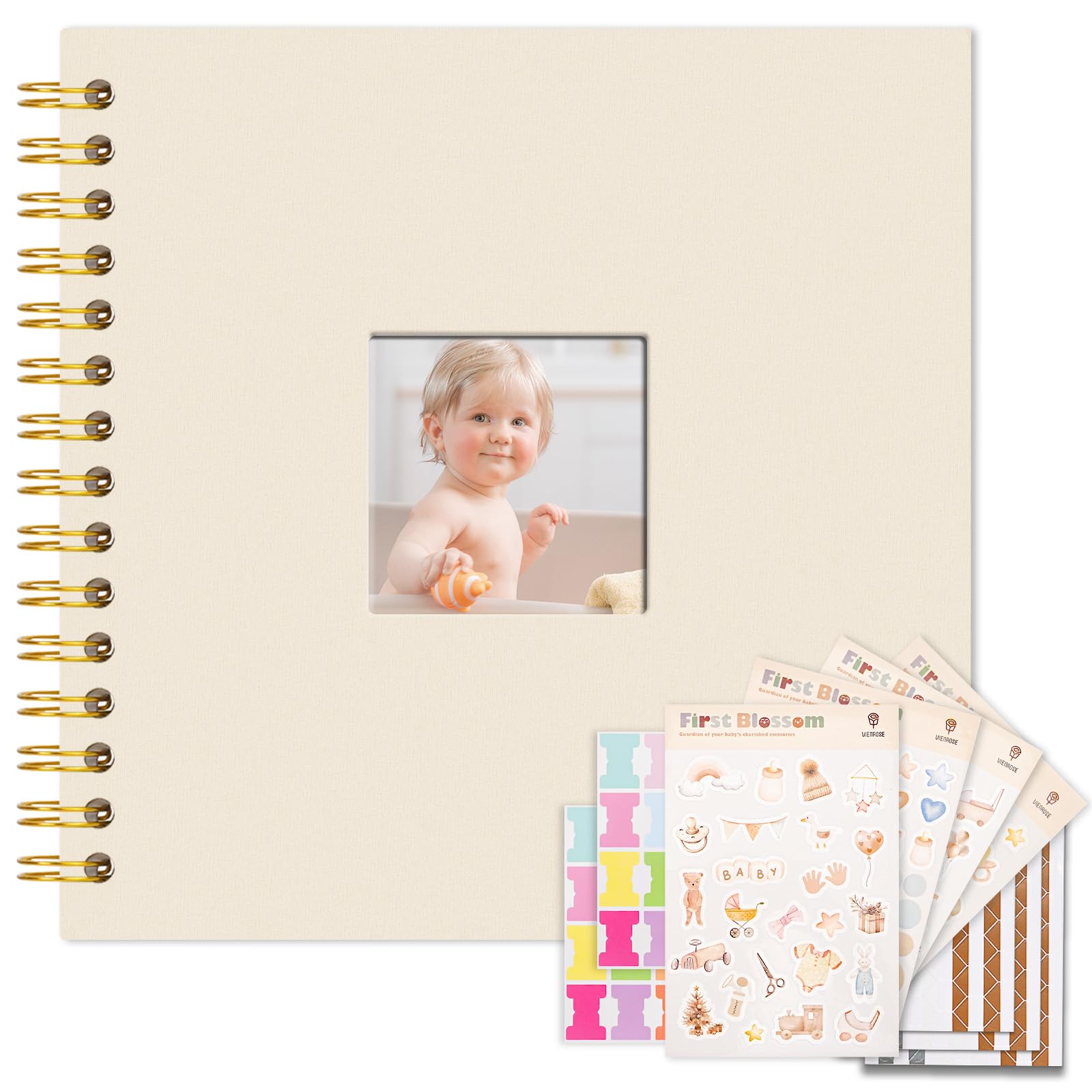 Vienrose Baby Scrapbook Album 20.5x20.5 cm with Window Silk Fabric Cover Acid-Free Pages Personalised DIY Photos Scrapbooking for Baby Memory Book, First Year Keepsake Journal Gift Boy Girl, Beige