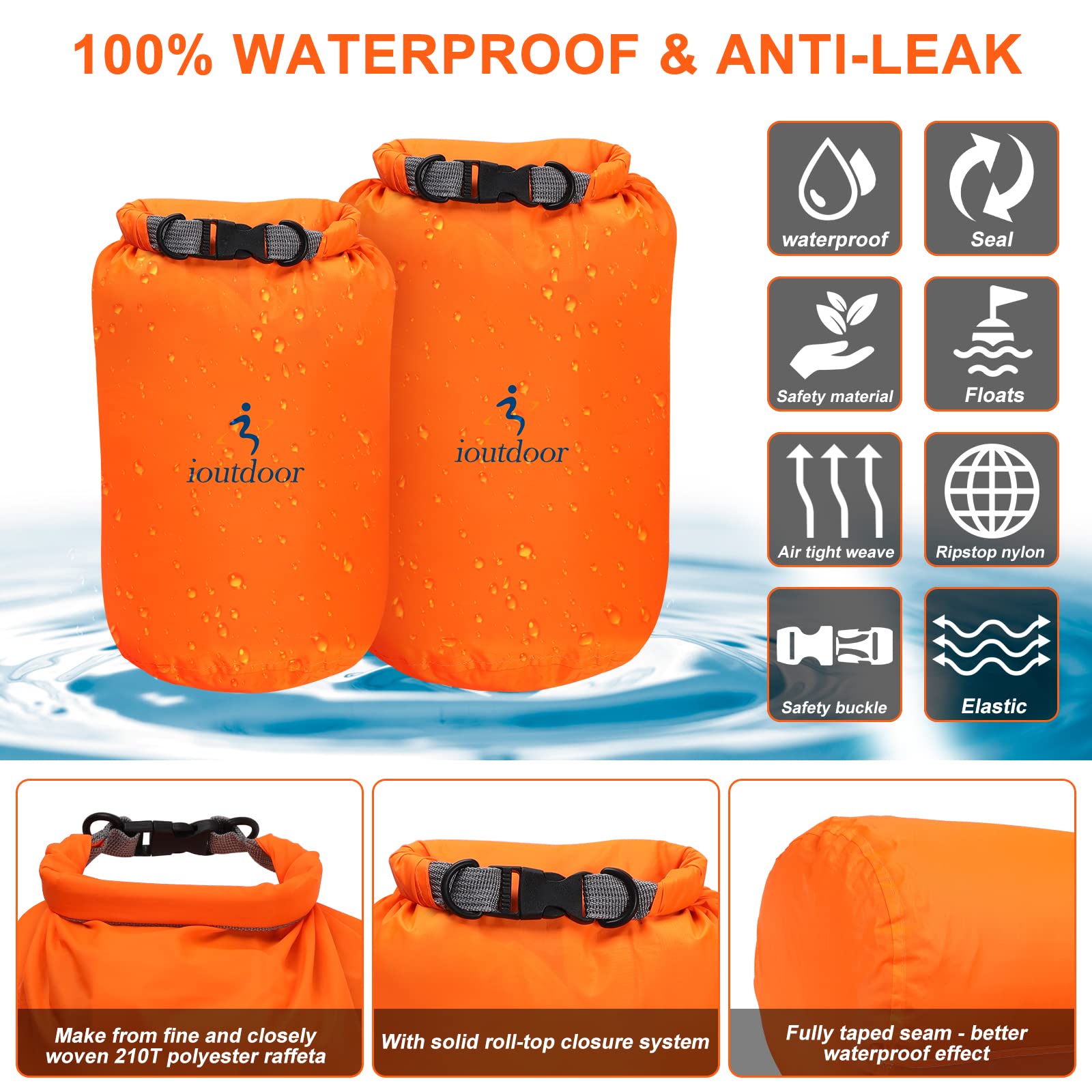 Dry Bag 2L + 5L + 10L Set Borsa Impermeabile Ultra-Light Resistente all'abrasione, antistrappo, sacchetto impermeabile, per kayak, nuoto, pesca, campeggio, escursioni