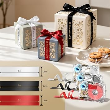 Phomemo A30 P15 Ribbon Label, Exclusive Embellish Gold Print on White Black Red Satin Ribbon, Fabric Ribbons for Gift Wrapping, Bows Bouquets, Floral Arrangement, DIY Crafts, Party Decor, 12mm x 5m