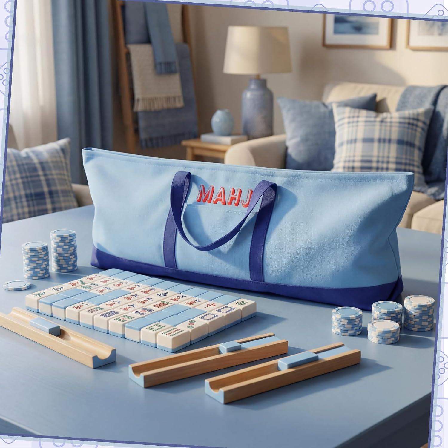 Mahjong Bag for Tiles and Racks Empty American Mahjong Tiles Carrying Tote 31.5 x 12 x 4 Inch Canvas Tile Game Accessory Gift for Pusher Rack Mat, Case Only(Dark Blue,Classic) image 5