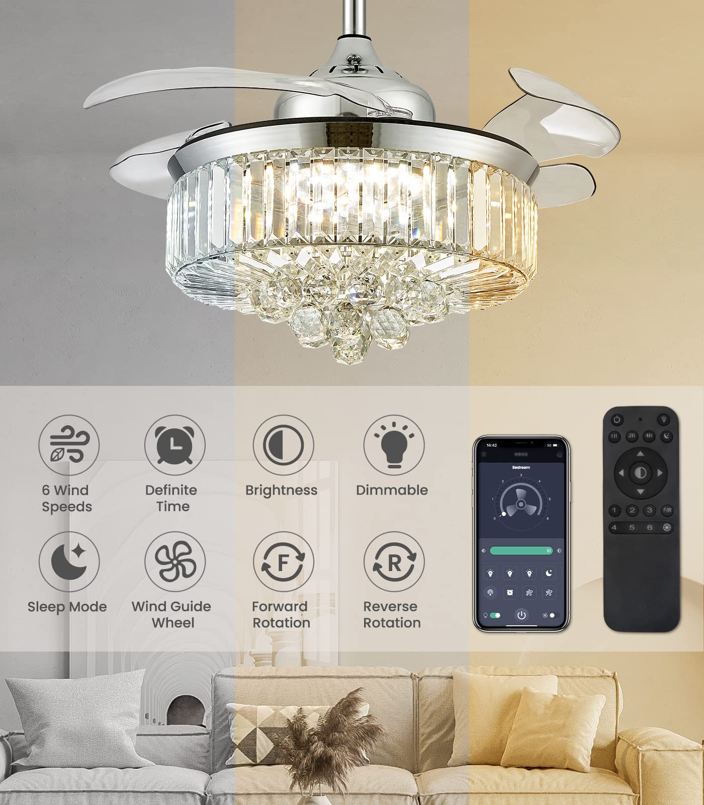 Buy 7PM Crystal Ceiling Fans with Lights Remote Control, 36 Inch Modern