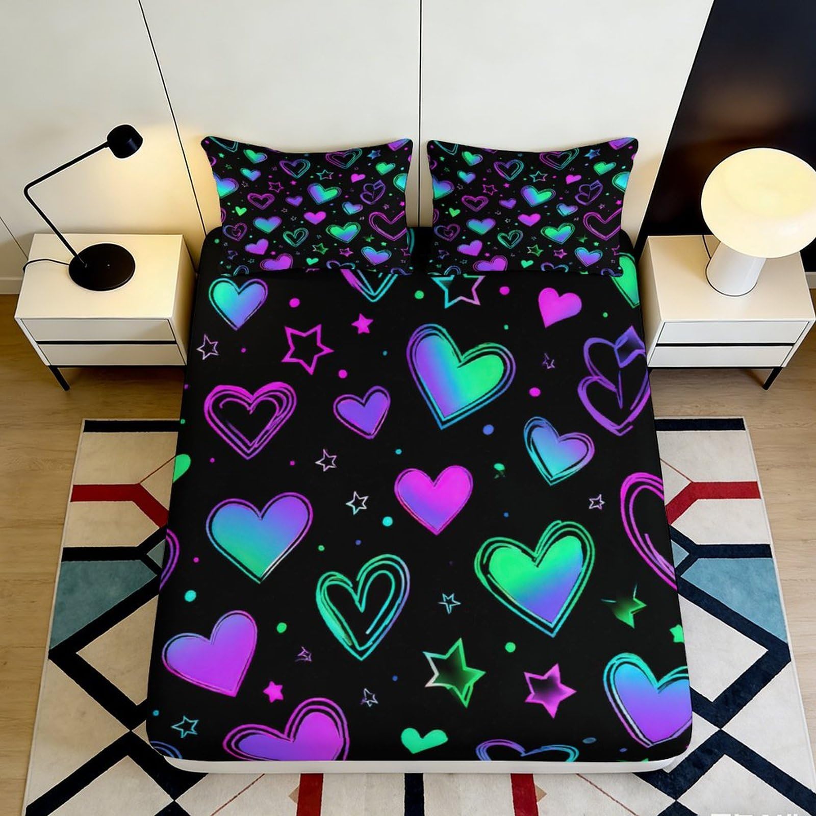 3D Printed Neon Heart Fitted Sheet Microfiber Soft Breathable Graffiti Star Mattress Cover for Bedroom Dorm Decorative Protection 90x200x25cm