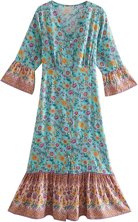 Amazon Co Jp ボヘミアントップ 3色21 Boho Vネックシングルブレストボタンフローラルプリントシャツドレスホリデーウマネクタイ弓ウエストフリルマキシロングドレス ボヘミアントップス Slfdxdp Color Green Size Small 服 ファッション小物