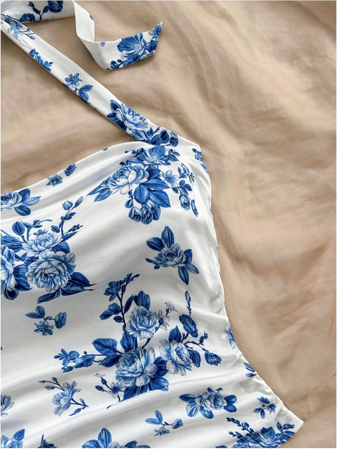 MakeMeChic Women's Floral Print Halter Top Ruched Tie Back Sleeveless Boho Shirt - Image 4