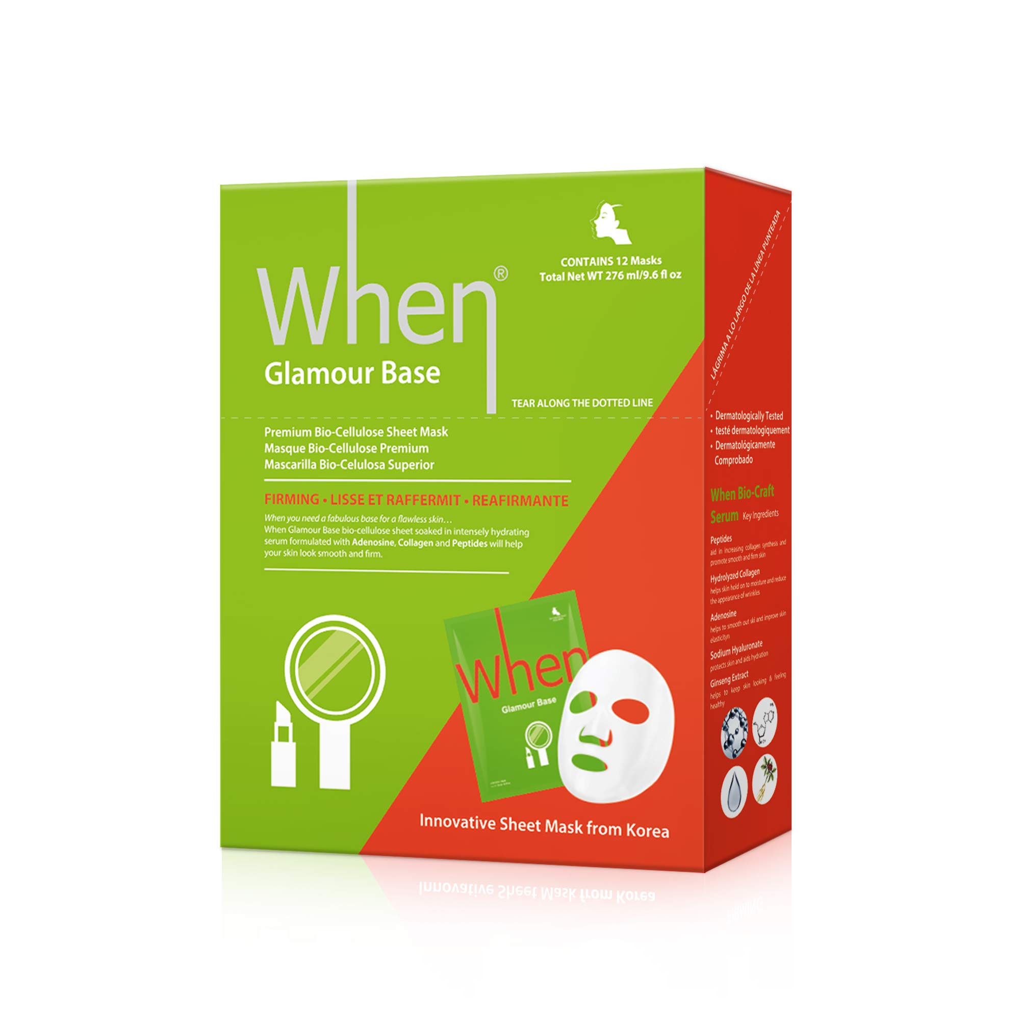 WhenBeauty Glamour Base Firming Premium Bio Cellulose Unisex Facial Sheet Mask, Helps Skin Look Smooth & Firm, Biodegradable, Cruelty Free 12 Pack