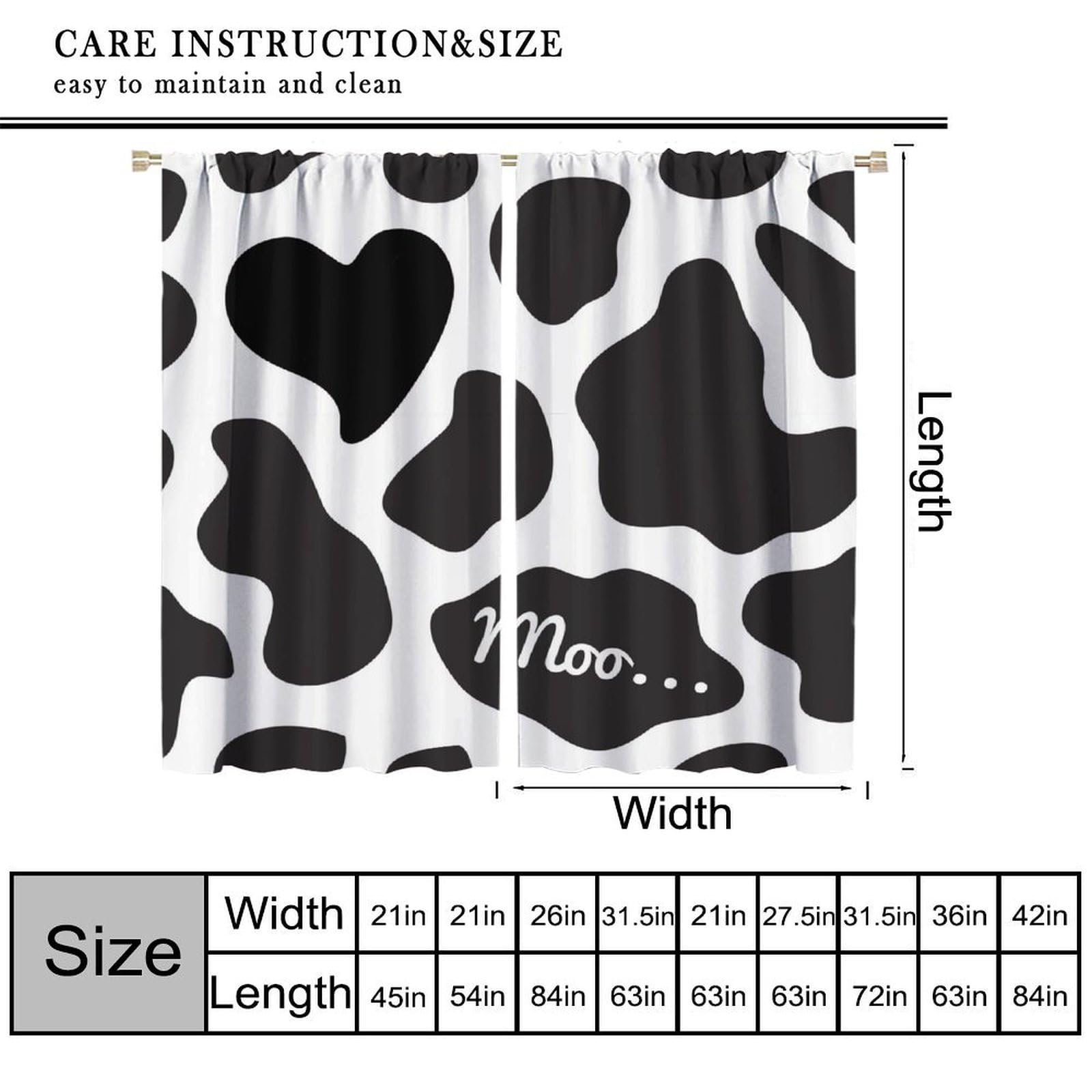 JanJCurt Cowhide Curtains, Black White Milk Cow Spots Funny Farm Animal Fur Skin Print Window Drapes for Farmhouse Kitchen Kids Boys Girls Bedroom Living Room, 52