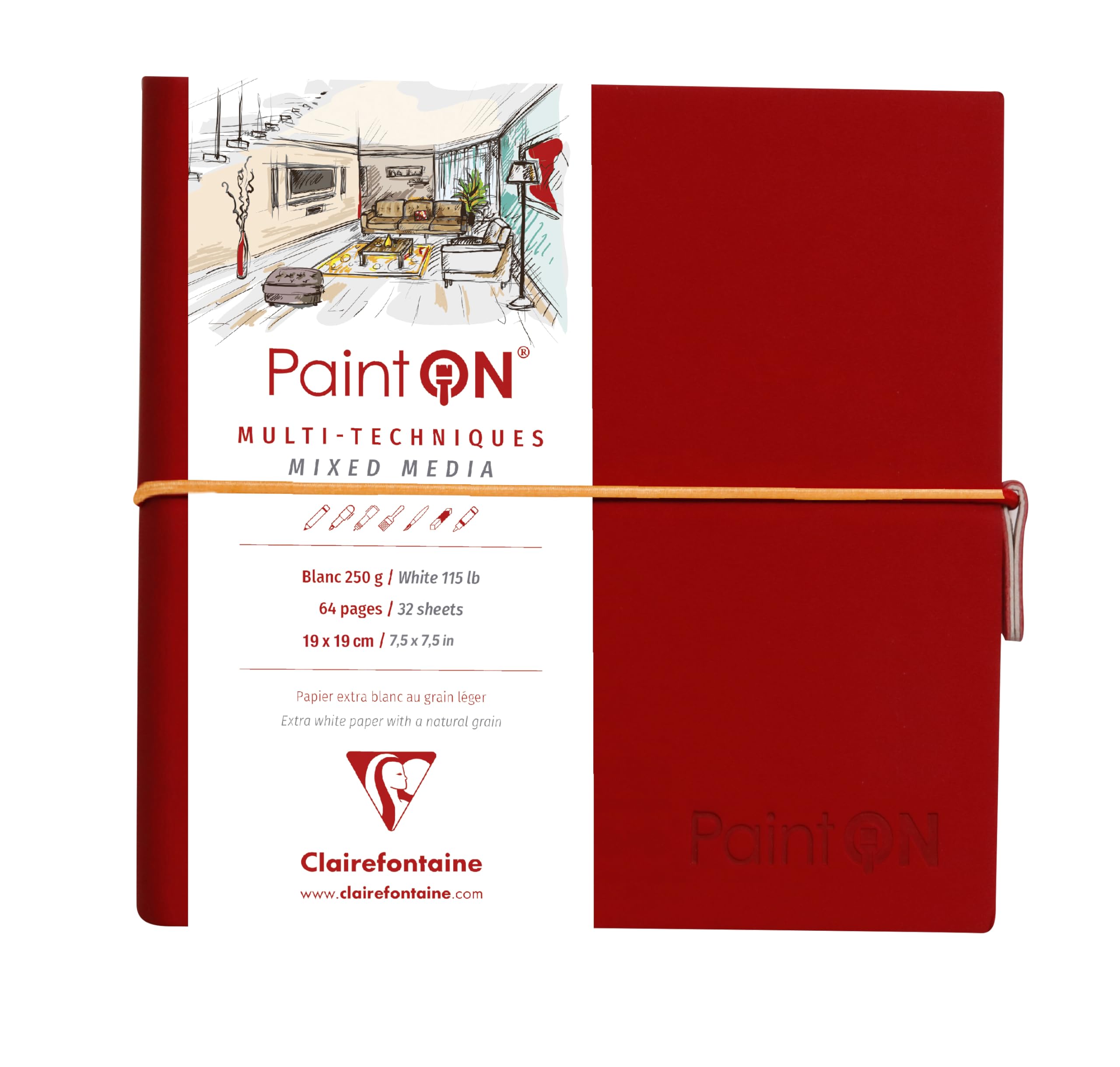 Clairefontaine - Ref 975435C - Paint'On Multi-Technique Sewn Art Book (32 Sheets) - 19 x 19cm, 250gsm Heavyweight Paper, Acid Free - Black Pages / Red Cover