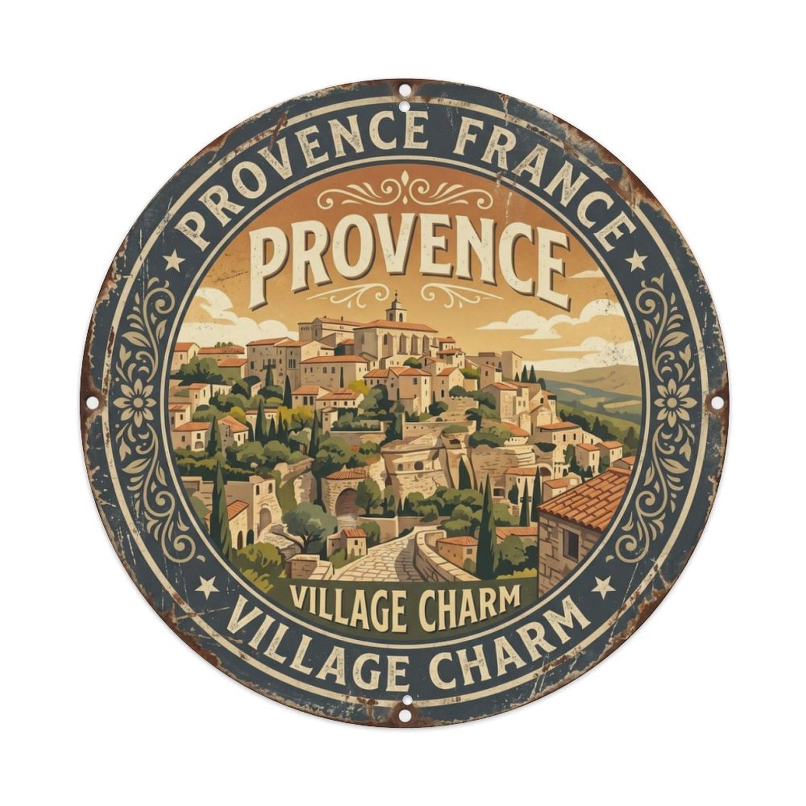 Vintage Travel Village Provence France Metal Tin Sign Plaque Wall Decor for Cafe, Club Bar, Office, Home Garden Round Metal Poster 8x8Inch