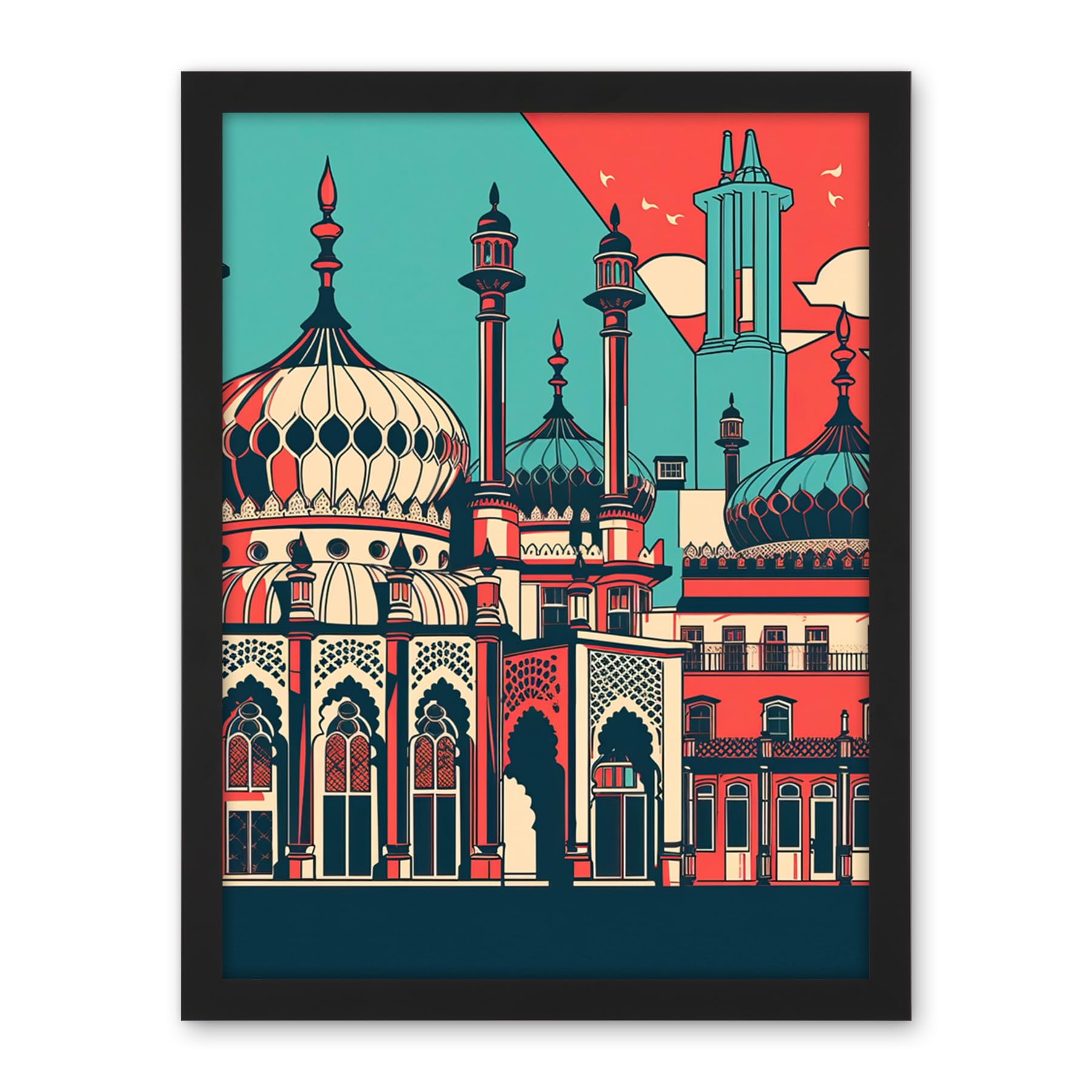Artery8 Brighton's Royal Pavilion in Ivory Blue and Red Artwork Framed Wall Art Print 18X24 Inch