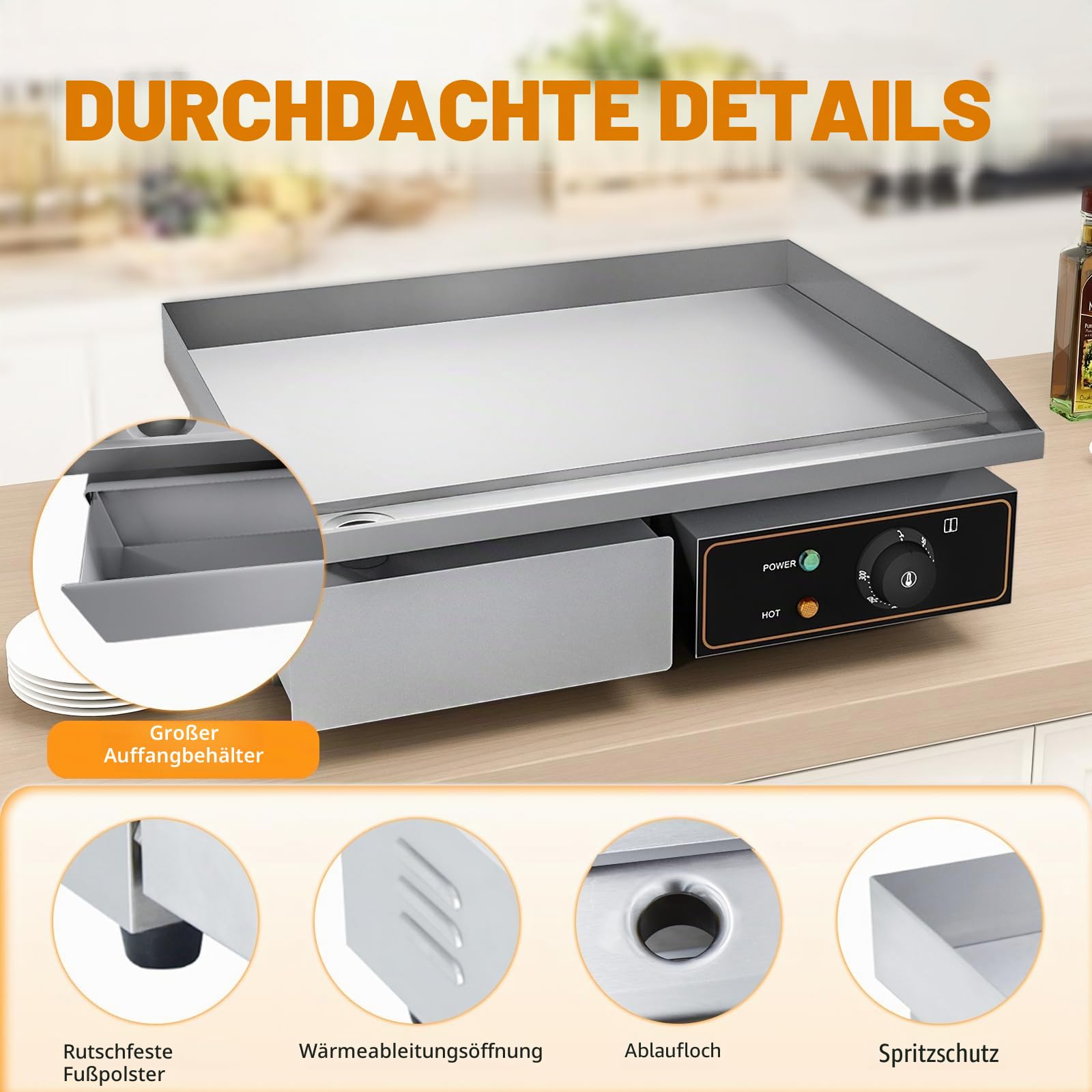 Grillplatte Elektrisch glatt Bratplatte, Elektrogrill | 55 x 34 cm Grillfläche aus Gusseisen,Profi Gastro Elektrische Tischgrill 3000W