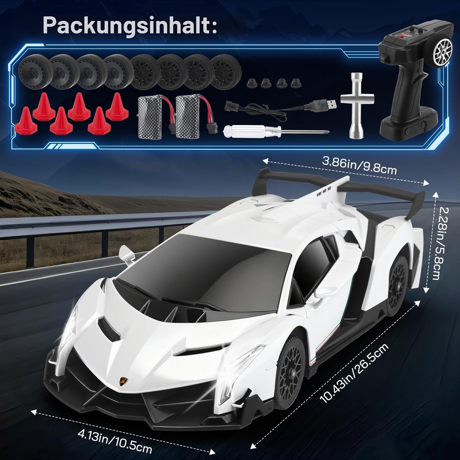 Lamborghini Spielzeugauto, 2.4 GHz Ferngesteuertes Auto, 1:18 4WD RC Drift mit LED-Augen, Geschwindigkeit 35 km/h, Rennen Car Spielzeug Geschenke für Jungen Mädchen 5 6 7 8 9 10 11 12+ Jahre