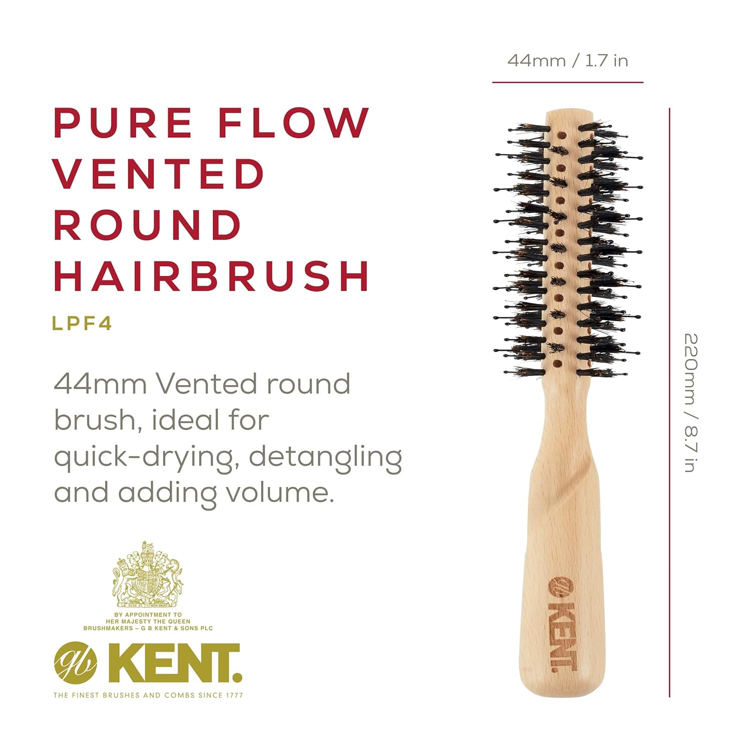 Kent LPF4 Pure Flow Small Vented Round Brush for Blow Drying - FSC Certified Beech Wood Brush Filled with Natural Boar Bristle and Nylon Bristle Hair Brush - Round Hair Brush for Blow Drying and Lift