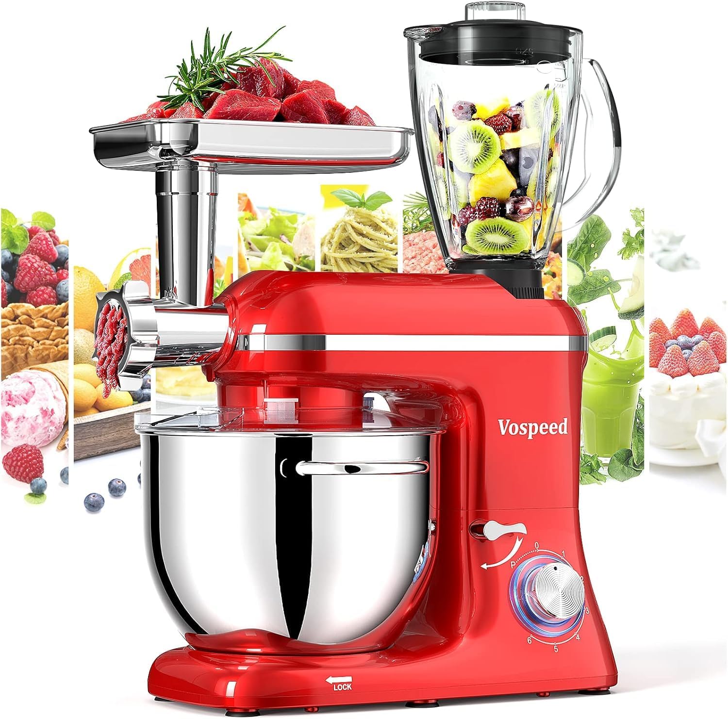 Vospeed 9 IN 1 Stand Mixer, 850W Tilt-Head Multifunctional Electric Mixer with 8 QT Stainless Steel Bowl, 1.5L Glass Jar, Meat Grinder, Hook, Whisk, Beater Dishwasher Safe