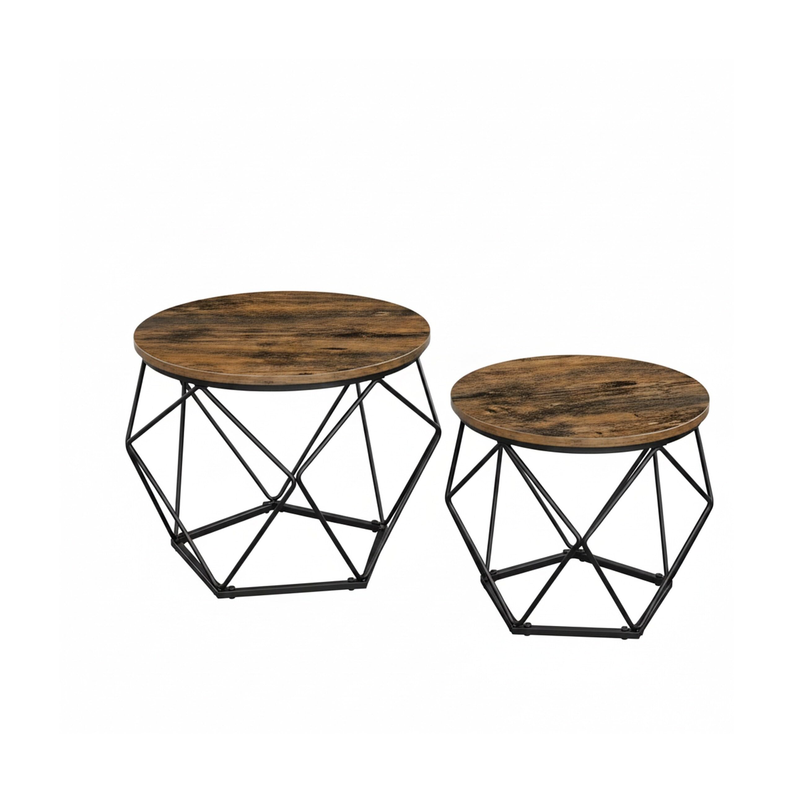 Relaxdays Couchtisch, 2er Set, Holzoptik & Metall, Industrial-Design, runde Beistelltische, Wohnzimmer, braun/schwarz