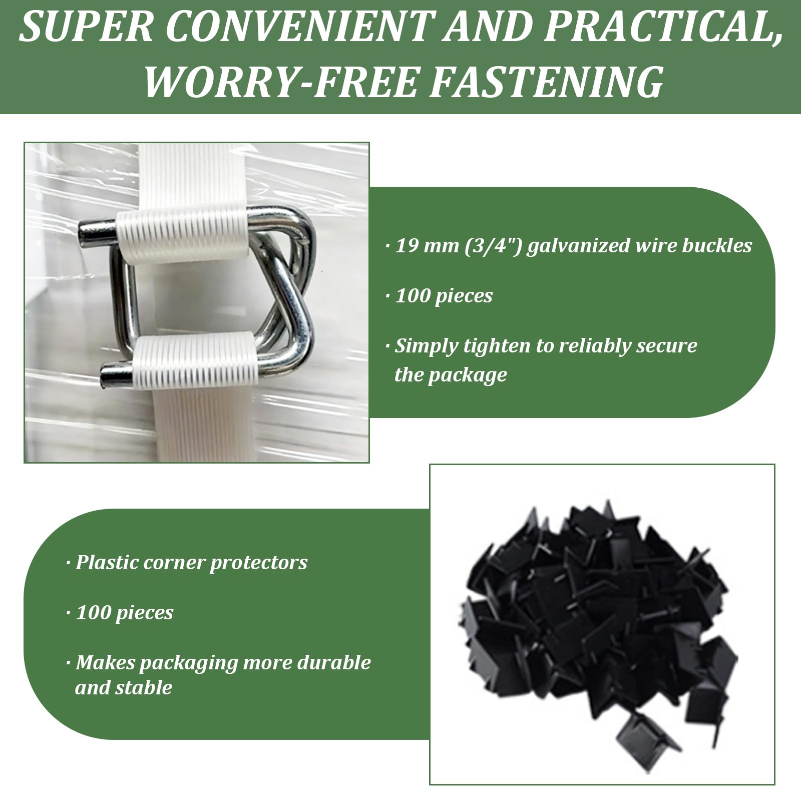 Kit Cerclage Feuillard 12-19mm avec 200m Feuillard PET, 100 Boucles Métalliques, 100 Protège-Coins et Outils pour Transport et Stockage Pour L'Emballage
