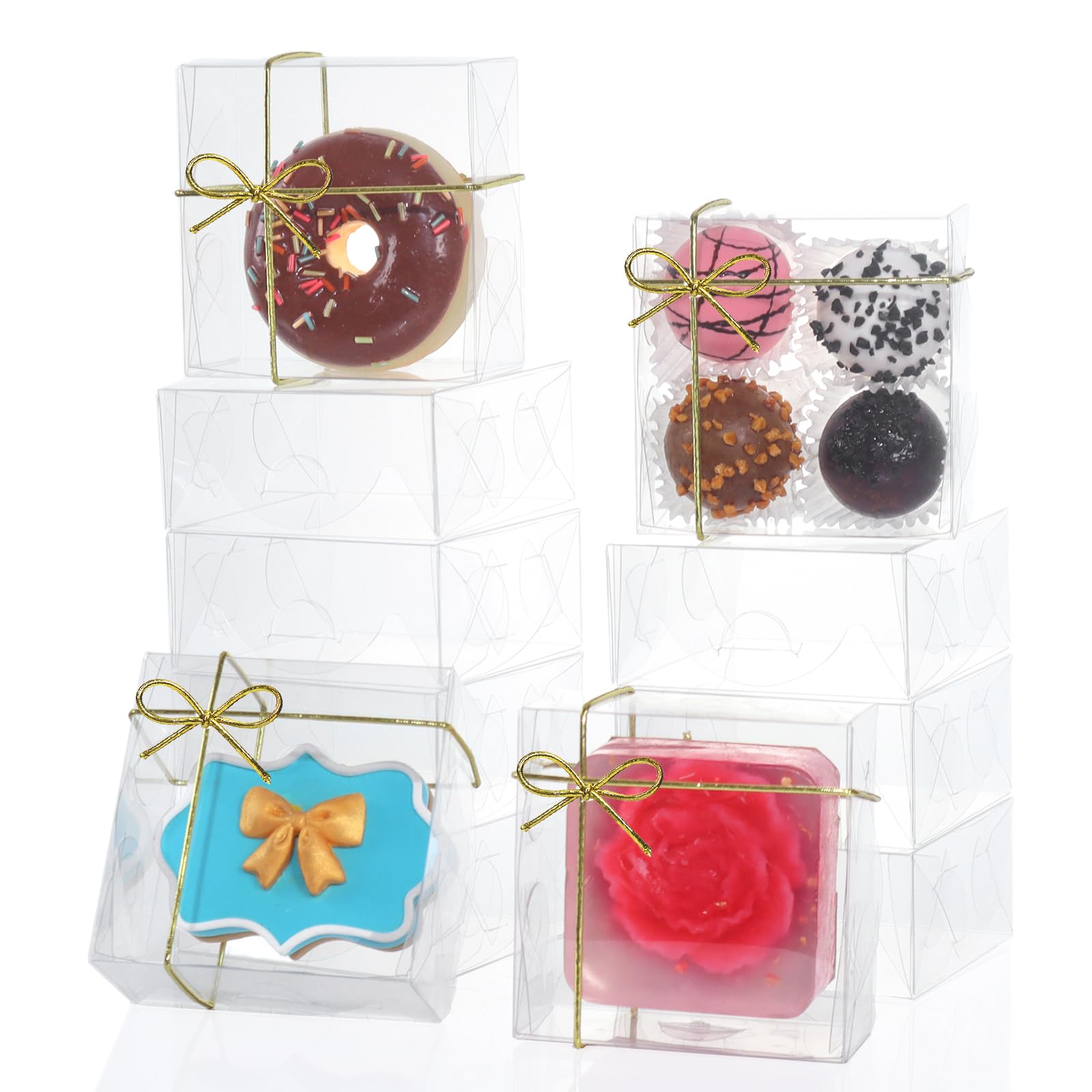 RomanticBaking 3¼"x3¼x1½50PCS Full Clear Cookie Boxes Soap Boxes Chocolate Truffle Boxes,Donut Boxes Macaron Boxes Mini Bakery Boxes Brownie Box Chocolate Covered Strawberry Boxes